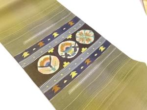 変わり織横段に抽象花葉・幾何学模様リバーシブル洒落袋帯